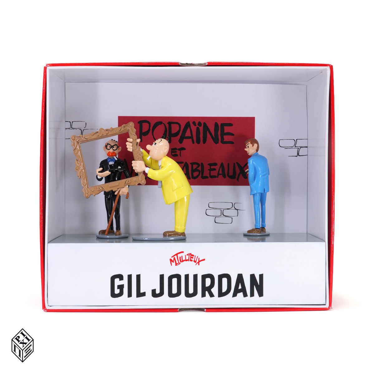 Diorama Pixi Gil Jourdan « Popaïne et vieux tableaux », les trois personnages dans la boîte rouge, de face