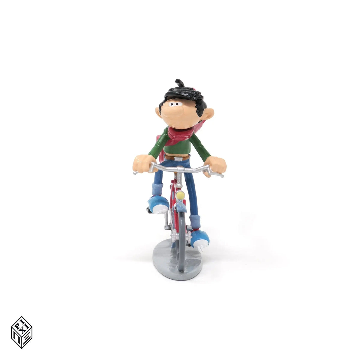 Figurine Pixi Gaston Lagaffe à vélo et l'écharpe géante, vue de profil