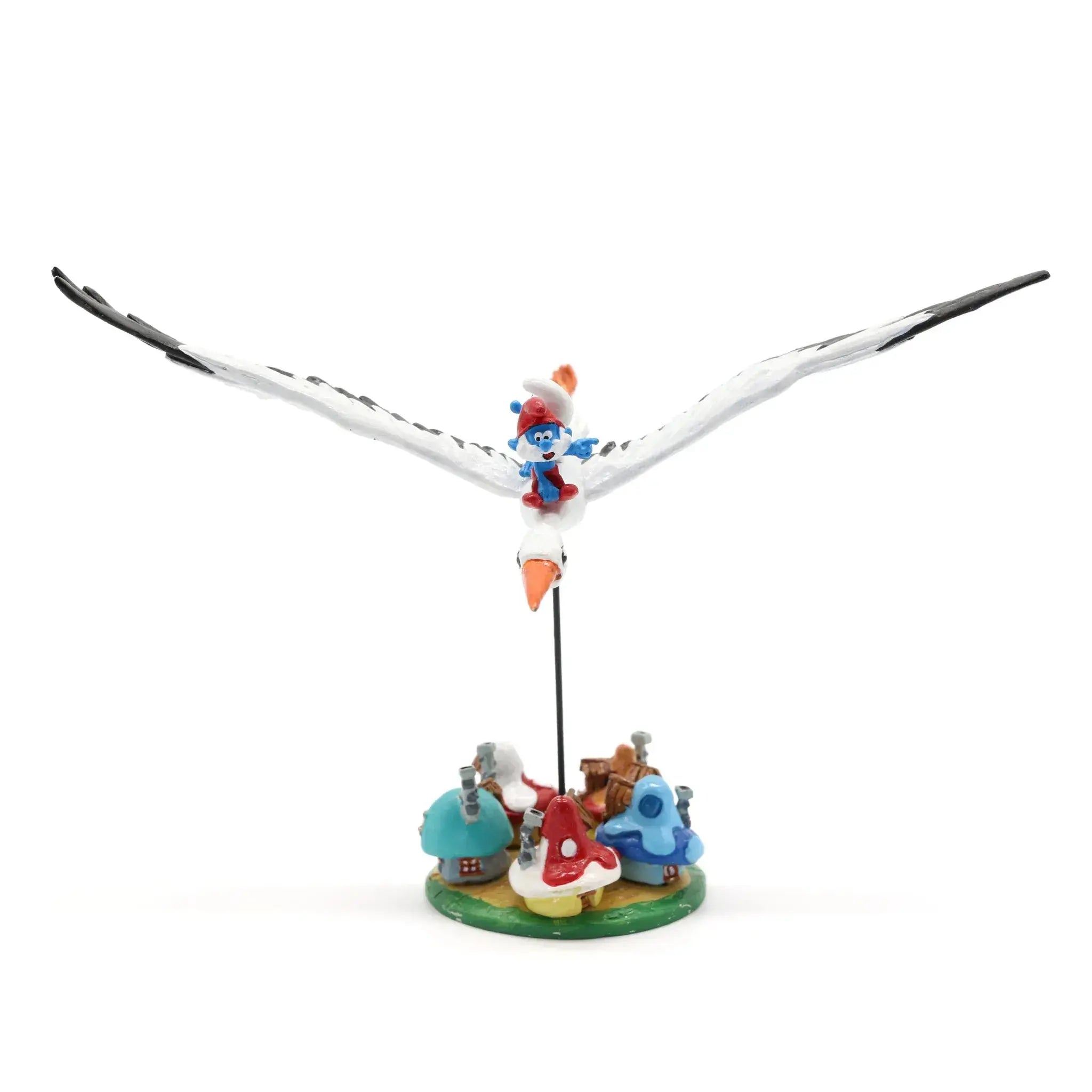 Figurine Pixi Les Schtroumpfs à dos de cigogne survolant le village, métal peint à la main arriere