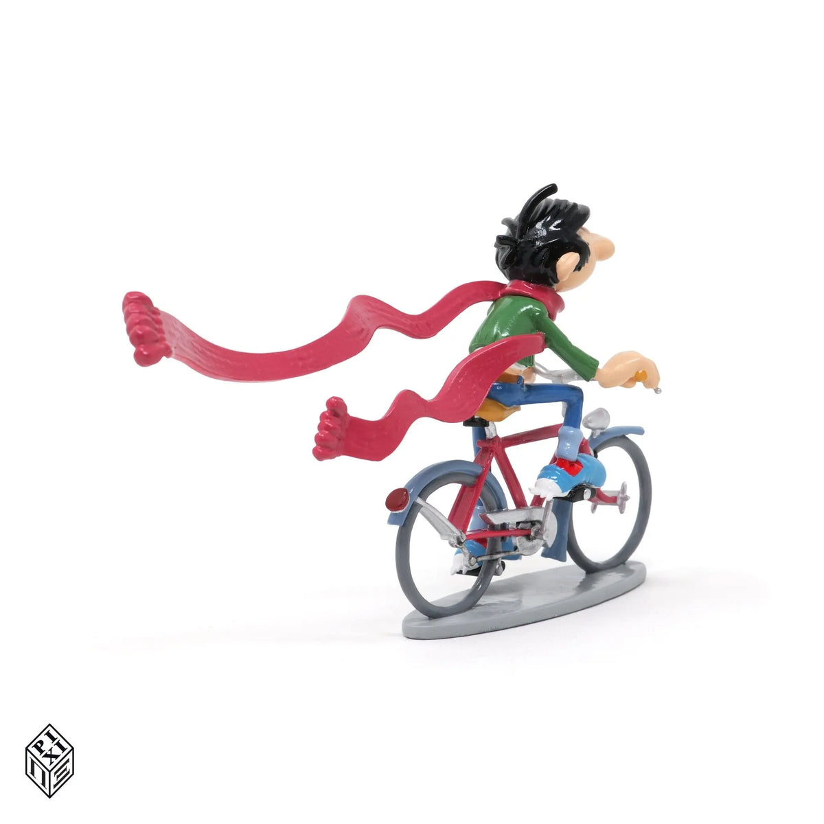 Figurine Pixi Gaston Lagaffe à vélo, détail peint à la main