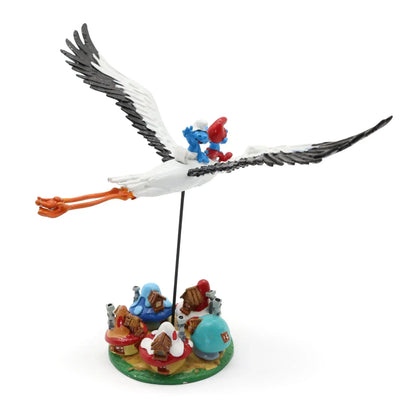 Figurine Pixi Les Schtroumpfs à dos de cigogne survolant le village, métal peint à la main dessus arrriere