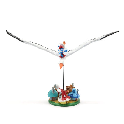 Figurine Pixi Les Schtroumpfs à dos de cigogne survolant le village, métal peint à la main arriere